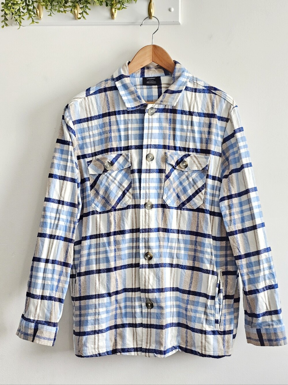 Livergy Plaid Flannel Shirt Jacket Mens Large Blue White Tan 100% Cotton Shacket